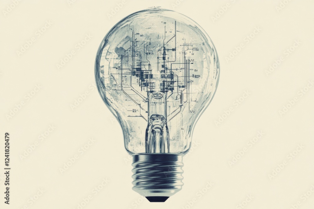 Poster light bulb with intricate blueprint design representing innovation and ideas