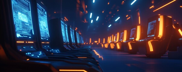 Futuristic server room; glowing consoles, neon lights; data center background
