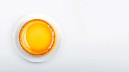 A beautifully plated Spanish flan with a smooth, creamy texture and golden caramel sauce glistening on top sits elegantly on a white background, leaving space for copy text.