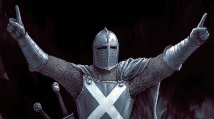 A dramatic depiction of a knight clad in armor, triumphantly raising swords in victory against a dark backdrop, representing bravery, honor, and the spirit of chivalry.