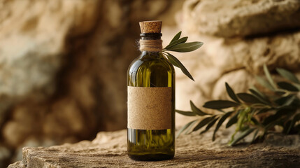 Natural Olive Oil Bottle on Rustic Stone Background - Exquisite Still Life