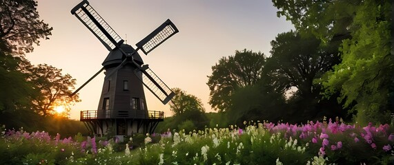 Picturesque old windmill surrounded by lush greenery and blooming blooms © RobinsonIcious