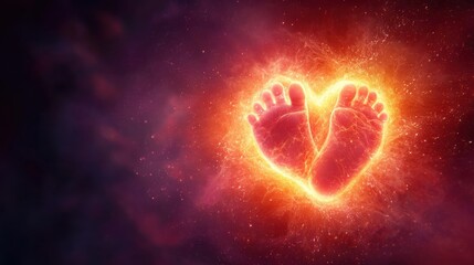 Baby feet imprinted in a heart shape, glowing with vibrant fiery orange and red light, set against a dark cosmic background with scattered sparkles and nebulae, evoking warmth and love.