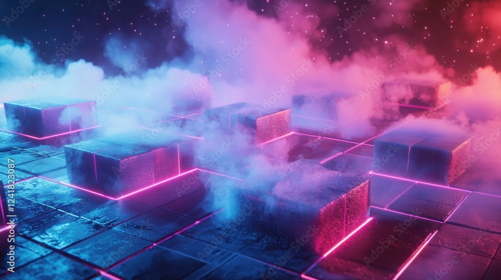 Poster abstract futuristic scene with glowing pink and blue cubes, fog, and grid pattern on a reflective fl