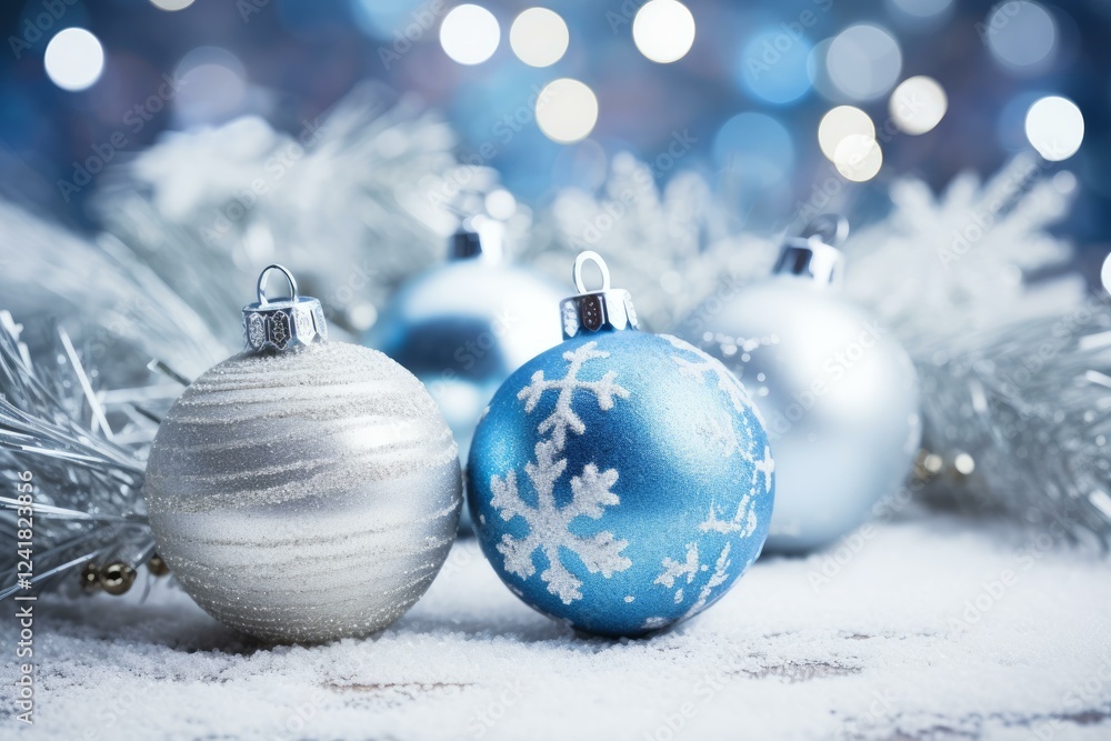 Poster christmas balls and tinsel resting on snow with blue bokeh background creating a festive atmosphere