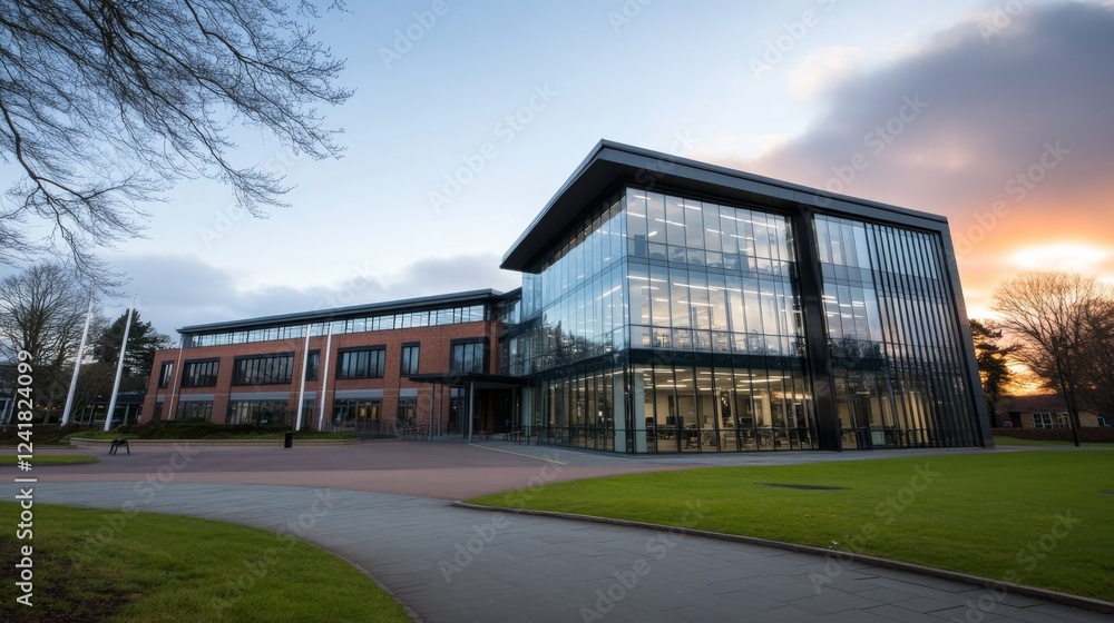 Aufkleber a low-angle view captures a modern office building with glass facades reflecting blue skies, showcas