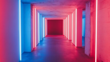 Neon hallway, red blue lights, concrete walls