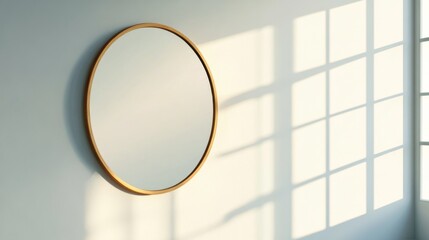 Round mirror on wall, sunlit room, window shadows, interior design
