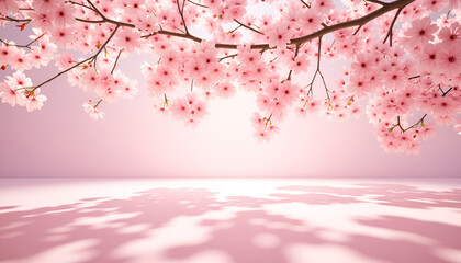 Fototapeta premium Cherry blossom branch with pink flowers against soft background, Cherry Blossom Canopy, New Blooms 