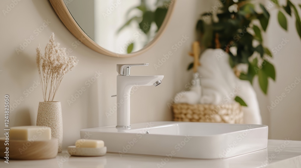 Poster modern white faucet in a minimalist bathroom setting with marble countertop and decorative elements 