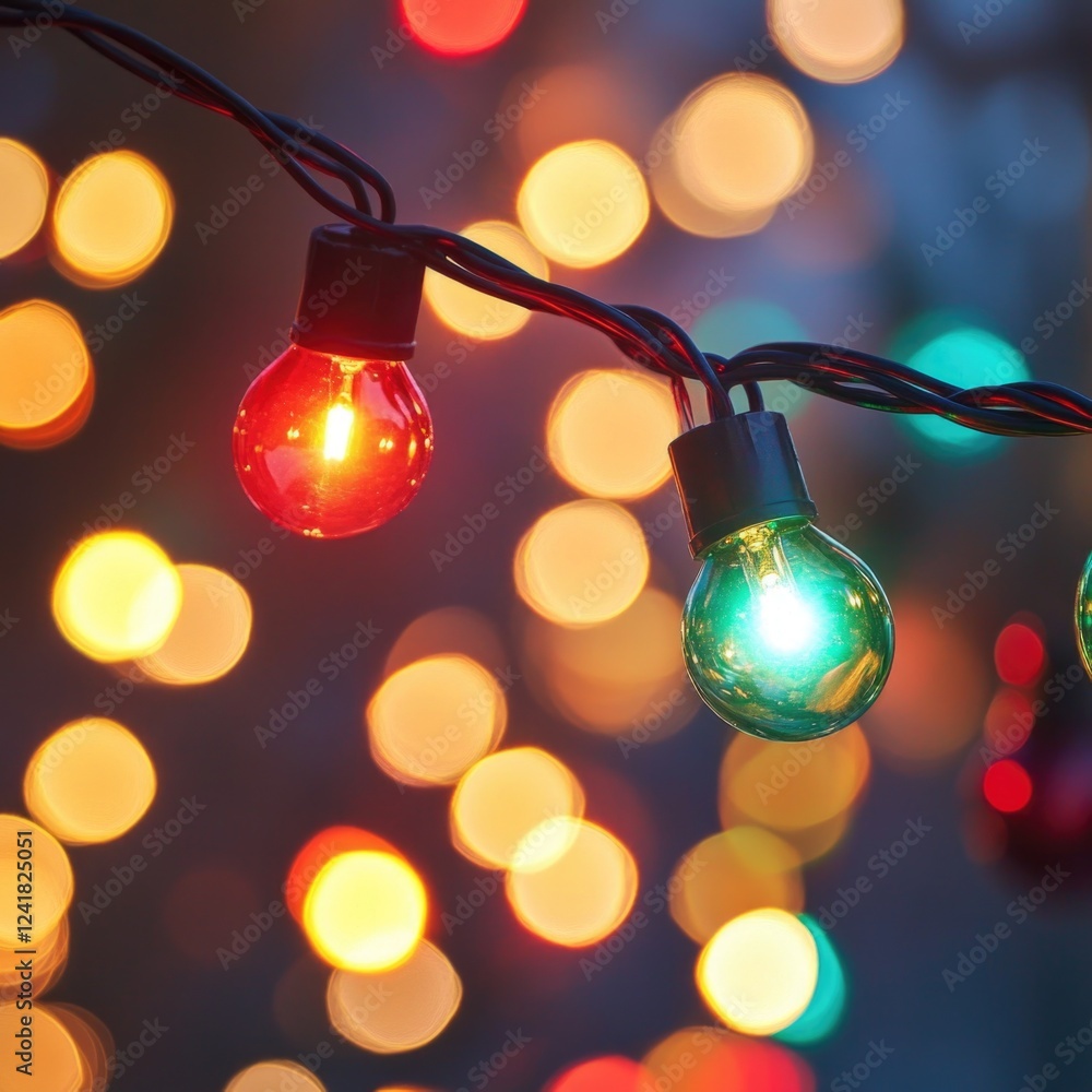 Poster close-up view of a string of lights with individual bulbs and wire visible
