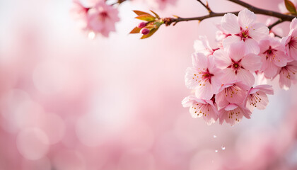 Naklejka premium Cherry blossoms in bloom against a soft pink background, Cherry Blossom Canopy, New Blooms 