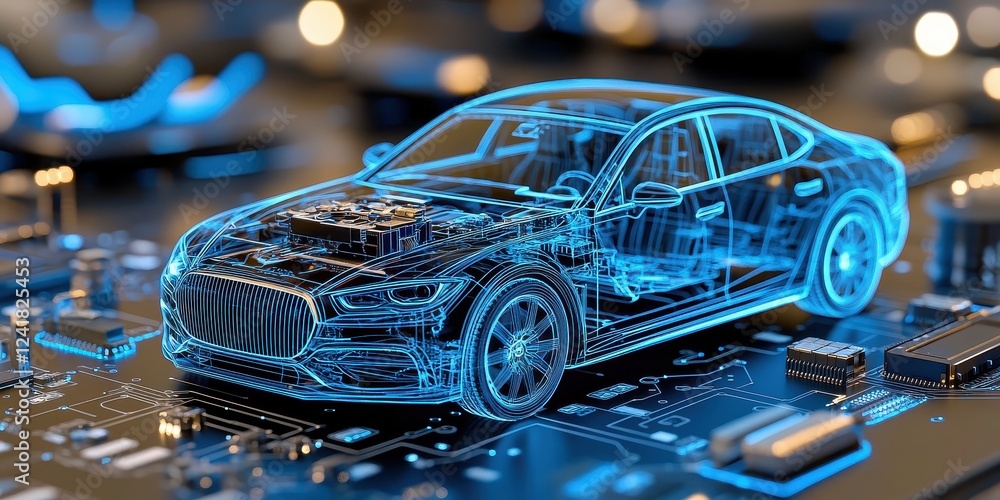 Poster holographic wireframe car model displayed on circuit board technology showcase digital environment f