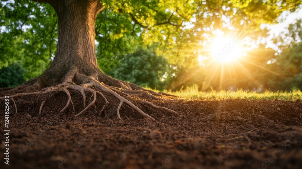 Poster a low-angle view reveals a grand oak tree with intricate roots basking in golden sunlight. the lush 