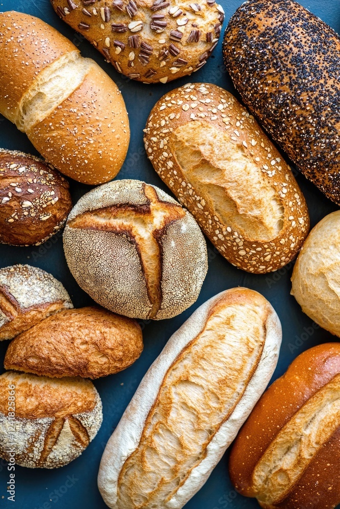 Poster assorted breads displayed on a table for selection or presentation