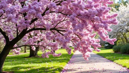 Naklejka premium Blossoming cherry tree with pink flowers in serene park setting, Lilac Branches, New Blooms