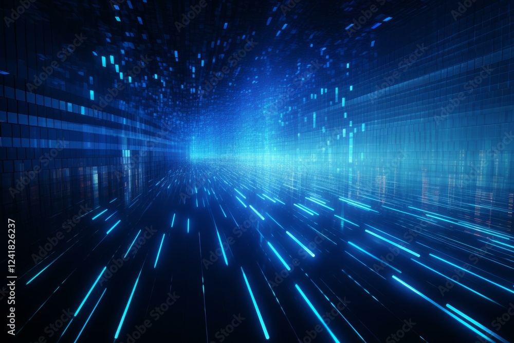 Poster streaks of light flowing through cyberspace tunnel, symbolizing data transfer and technological adva