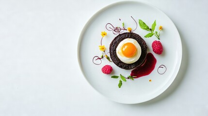   A white plate holds a dessert, adorned with raspberries surrounding an egg placed centrally on the white table