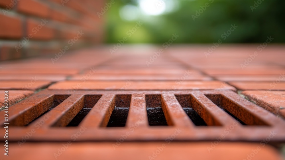 Poster weathered brick wall highlights uneven mortar lines and a rusted ventilation grate, set in an indust