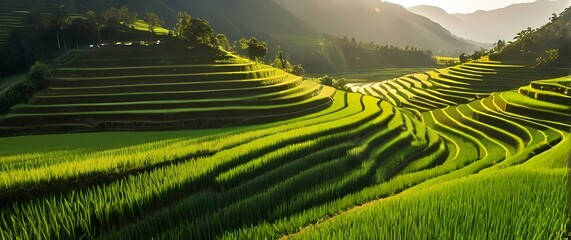 Fototapeta premium Rich views of terraced rice fields reflecting shades of green in the sunlight during summer
