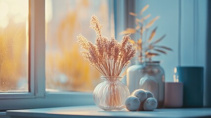 A vase filled with fresh flowers sits on a window sill, adding a touch of elegance to the space