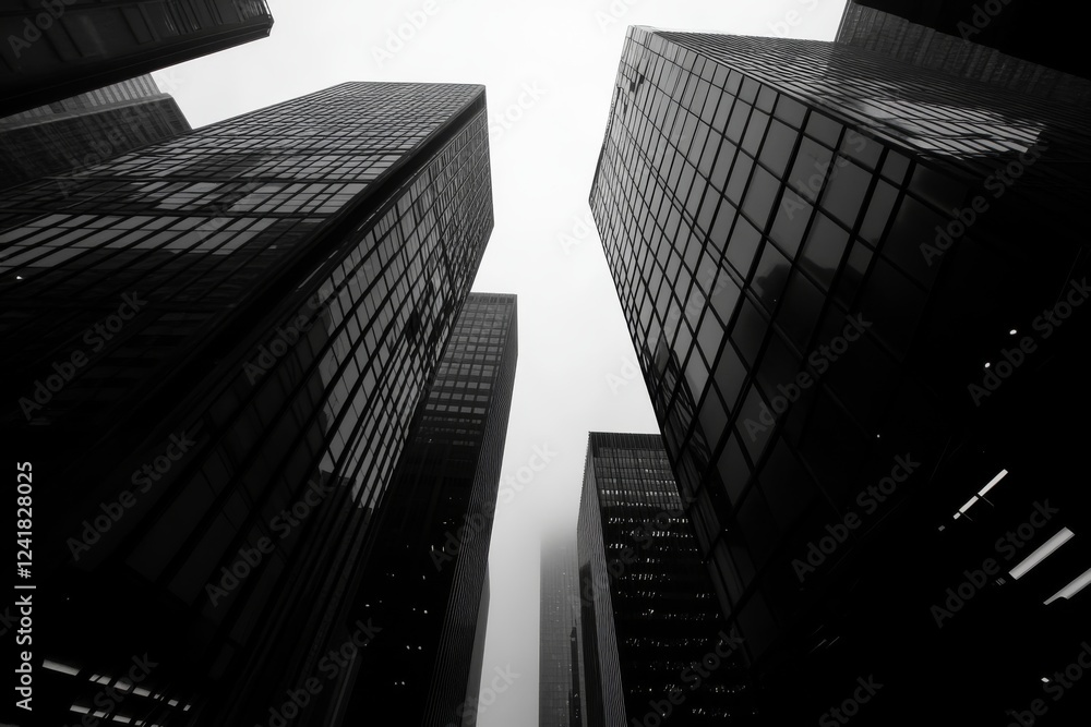 Aufkleber skyscrapers tower overhead in a dense city environment, their glass surfaces mirroring the overcast 