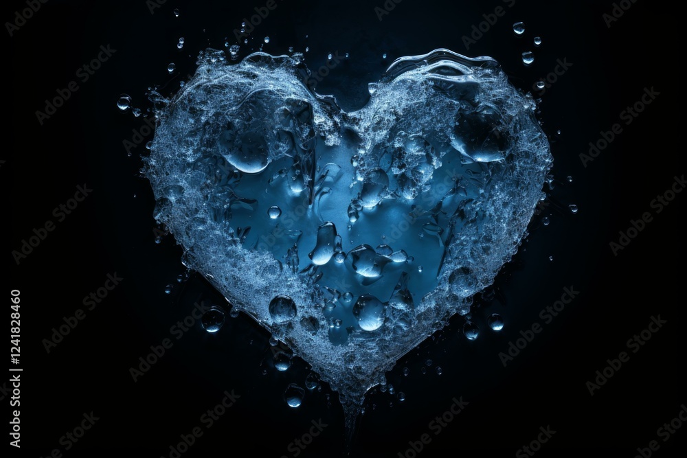 Poster water is creating a heart shape against a black background, with bubbles and splashes adding a dynam