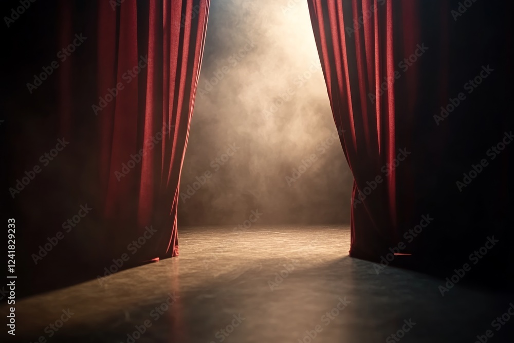 Poster low-angle view captures dark crimson theater curtains tied back, exposing a dim stage illuminated by
