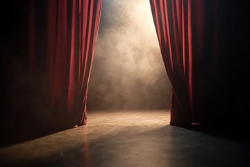 Low-angle view captures dark crimson theater curtains tied back, exposing a dim stage illuminated by a subtle spotlight casting shadows on fabric