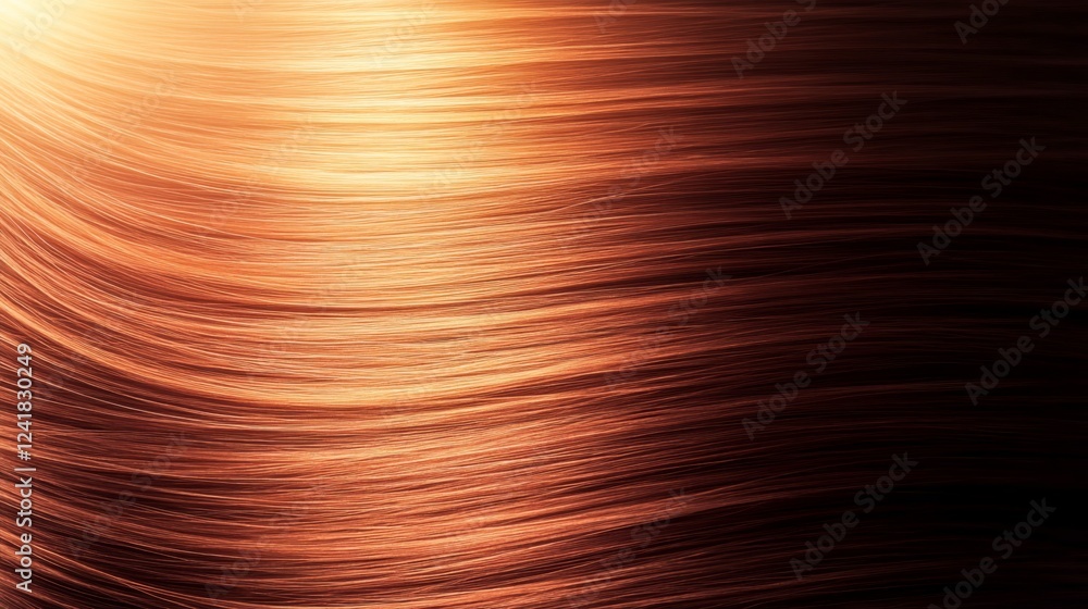 Poster Silky brown hair strands overlap in a wave pattern, showcasing a smooth and shiny texture enhanced by light reflections, offering ample copy space for text