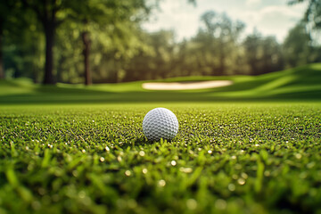 Close-Up of a Golf Ball on a Green Field with Blurred Background. Generative AI