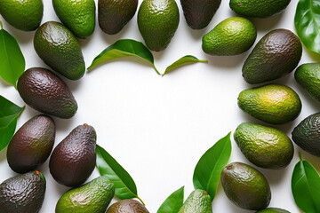 Heart-Shaped Empty Space with Fresh Avocados and Green Leaves on White Background. Blank Center for Text on White Surface. Generative AI