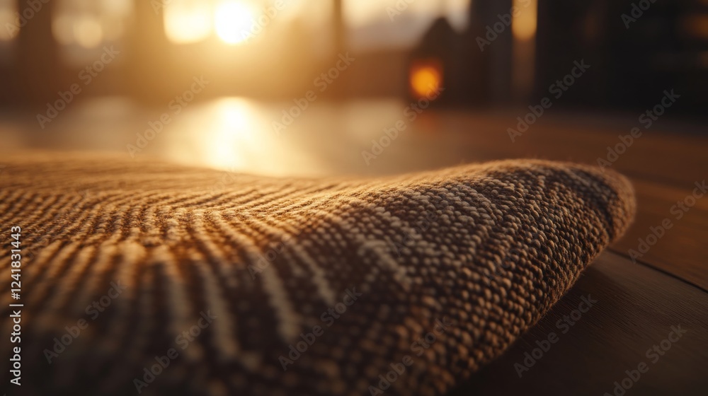 Poster a soft knitted throw featuring a herringbone pattern rests peacefully, bathed in warm evening light,