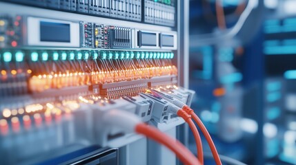 A focused shot of an electrician wiring a control panel, with brightly colored cables and bright task lighting. Technical and sharp.