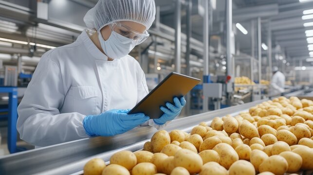 A food safety worker in a sanitized production facility checking potatoes for defects on a conveyor line, using a tablet to ensure food safety standards