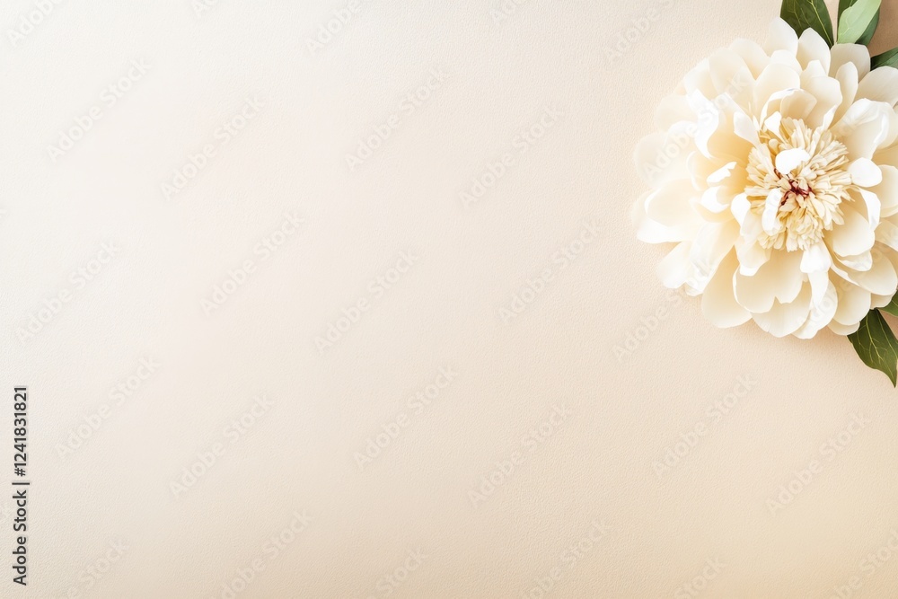 Poster macro shot showcases a pressed peony flower on textured handmade paper, highlighting soft shadows an