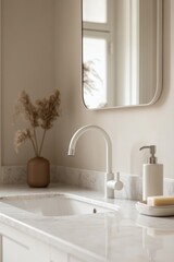 Fototapeta premium Modern white faucet on marble countertop with soft lighting and minimalist decor in a contemporary bathroom setting
