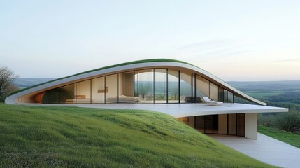 Obraz premium A partially buried eco home with a grassy roof blending into a hillside, large glass walls facing a valley, and natural stone features