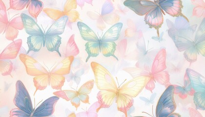 Cute butterflies hand drawn seamless pattern. Delicate colorful butterflies on white background. Beautiful pastel creatures wallpaper design.
