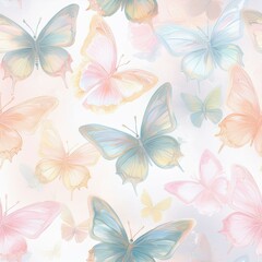 Fototapeta premium Cute butterflies hand drawn seamless pattern. Delicate colorful butterflies on white background. Beautiful pastel creatures wallpaper design.