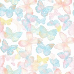 Cute butterflies hand drawn seamless pattern. Delicate colorful butterflies on white background. Beautiful pastel creatures wallpaper design.