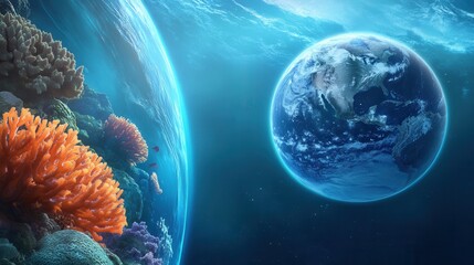 A vibrant artistic depiction of an underwater earth with glowing corals, fish, and vibrant ocean life, connected to the land above.