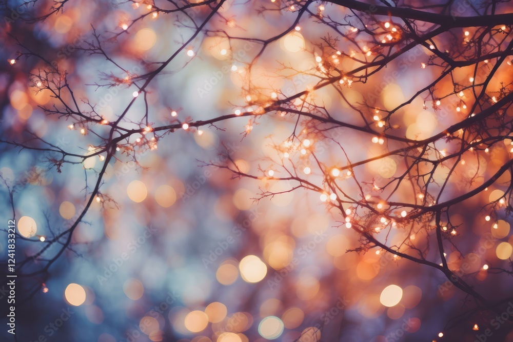 Aufkleber glowing string lights decorating bare tree branches creating a magical bokeh effect, perfect for win