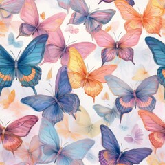 Cute butterflies hand drawn seamless pattern. Delicate colorful butterflies on white background. Beautiful pastel creatures wallpaper design.