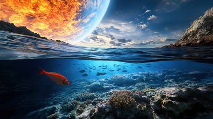A vibrant artistic depiction of an underwater earth with glowing corals, fish, and vibrant ocean life, connected to the land above.