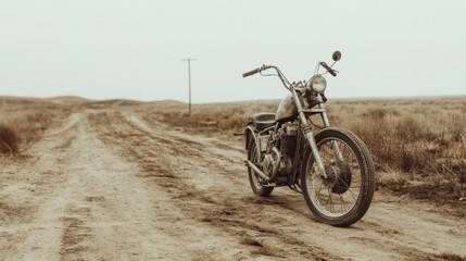 Vintage motorcycle on dusty road, open field background; travel poster