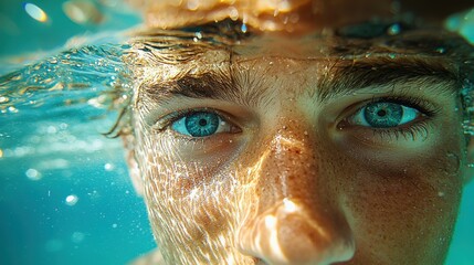 Fototapeta premium Close-Up of Young Man Underwater with Stunning Blue Eyes