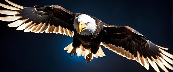 Stunning close up of a majestic bald eagle in mid flight wings outstretched