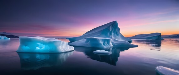 Stunning icebergs floating in tranquil waters under a mesmerizing twilight sky