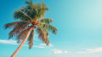 Coconut palm tree under blue sky . Vintage style. Tropical background